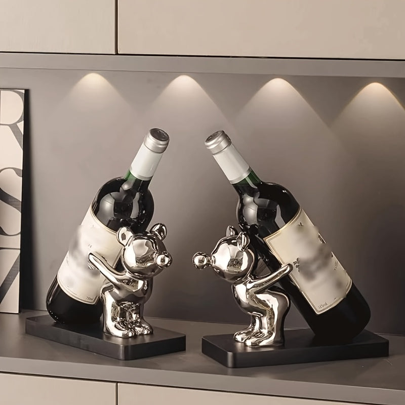 Elegante juego de soportes de botellas de vino dorado y plateado - Diseño de estatua de resina encantadora para sala de estar, entrada o decoración de cocina, regalo perfecto para mudarse, decoración de vino