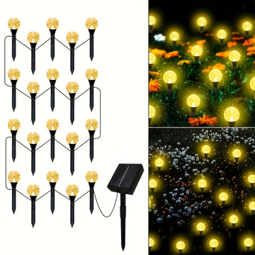 Paquete de 20 Luces Solares para Jardín al Aire Libre - Encendido/Apagado Automático, Carga Solar con Batería de Litio, Instalación en Estaca para Césped, Bodas, Fiestas y Patios - Decoraciones de Bolitas Amarillas Doradas - Construcción Duradera en Plás