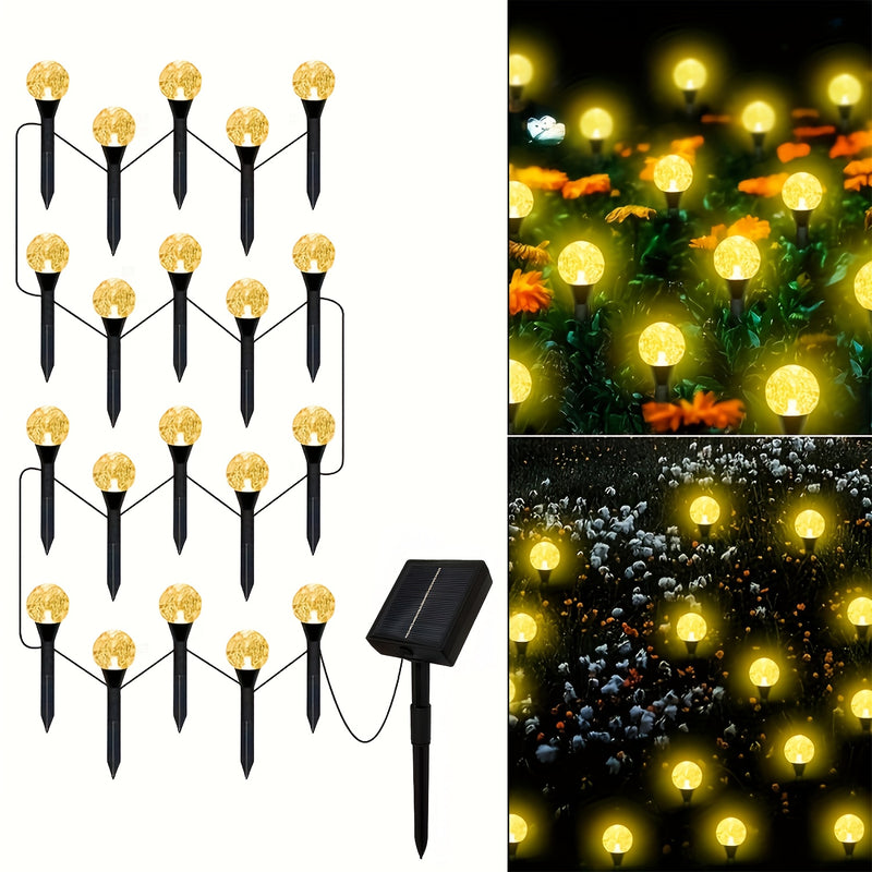 Paquete de 20 Luces Solares para Jardín al Aire Libre - Encendido/Apagado Automático, Carga Solar con Batería de Litio, Instalación en Estaca para Césped, Bodas, Fiestas y Patios - Decoraciones de Bolitas Amarillas Doradas - Construcción Duradera en Plás