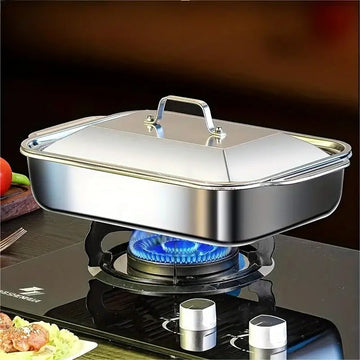 Juego de bandejas de asado de acero inoxidable con tapas, bandeja de asado rectangular de alta resistencia antiadherente, bandeja de horno multiusos para postres, pan, bandeja de asado de doble asa, bandeja de mariscos - Ideal para asados, bufés y fiesta