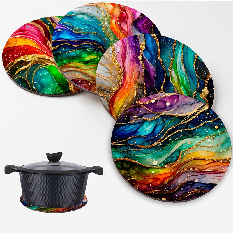 Juego de 4 Posavasos y Manteles Individuales de Madera con Patrón de Mármol Arcoíris - Agarraderas para Ollas Resistentes al Calor, Almohadillas Antideslizantes Multiusos para Cocina, Mesa, Encimeras, Platillos Calientes, Ideales para Hogar, Oficina, Fie