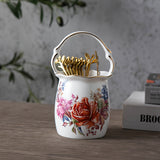 Tarros de almacenamiento de cubiertos de cerámica de estilo europeo-americano, diseño floral decorativo, altos recipientes de cocina de porcelana de hueso, con ribete dorado, para cubiertos, cucharas y organizador de palillos