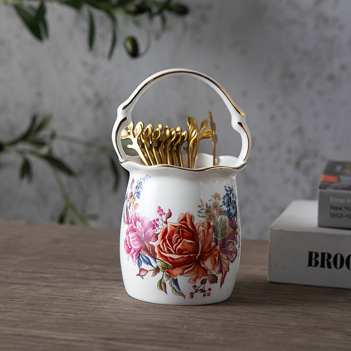 Tarros de almacenamiento de cubiertos de cerámica de estilo europeo-americano, diseño floral decorativo, altos recipientes de cocina de porcelana de hueso, con ribete dorado, para cubiertos, cucharas y organizador de palillos