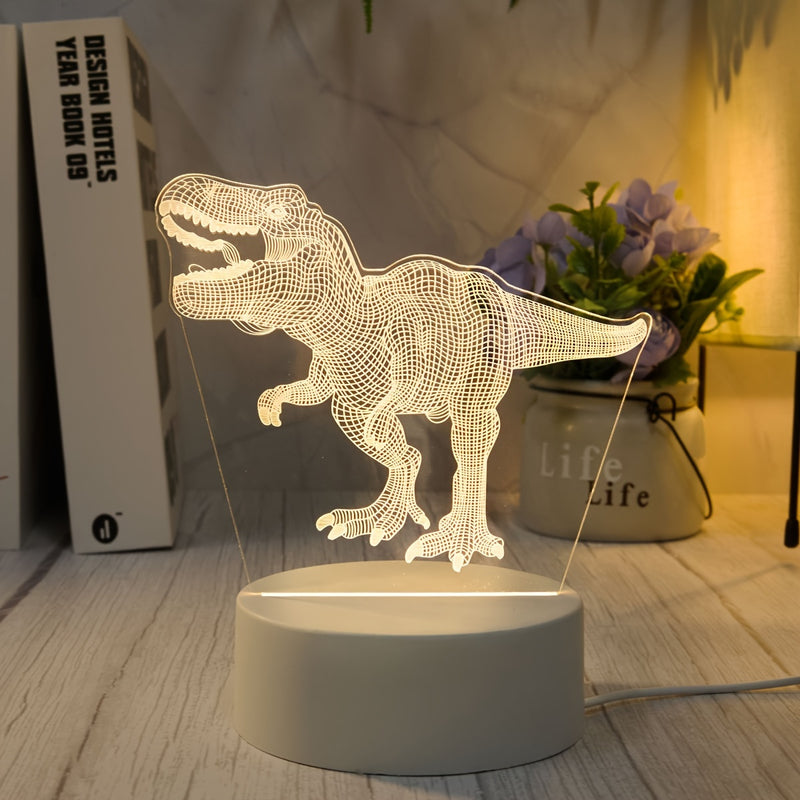 Luz Nocturna de Dinosaurio en 3D con Alimentación por USB - Lámpara Creativa de T-Rex con Efecto Luminoso, Decoración Moderna para Dormitorio y Mesa, Regalo Perfecto para Jóvenes y Adultos, Base Blanca, Material Plástico, Iluminación Ambiental con Alimen