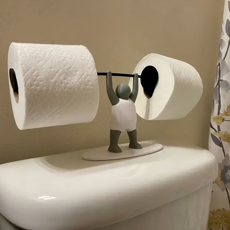 Soporte de rollo de papel higiénico de levantador de pesas divertido, impreso en 3D único, de plástico, sobre el tanque, autosoportante, con levantador de pesas sosteniendo una barra, para decoración de baño y cocina