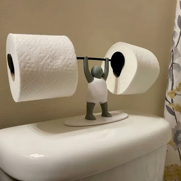 Soporte de rollo de papel higiénico de levantador de pesas divertido, impreso en 3D único, de plástico, sobre el tanque, autosoportante, con levantador de pesas sosteniendo una barra, para decoración de baño y cocina