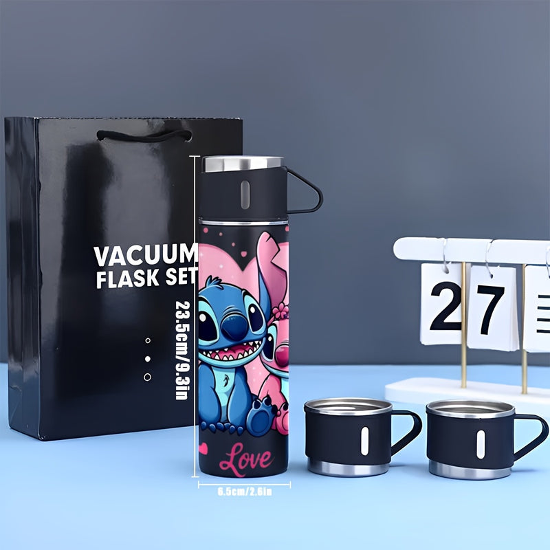 Juego de 1 termo de acero inoxidable Disney Stitch de 17 oz, taza térmica a prueba de fugas con 3 tazas para bebidas frías y calientes, ideal para viajes de negocios y útiles escolares, modelo LHB03211
