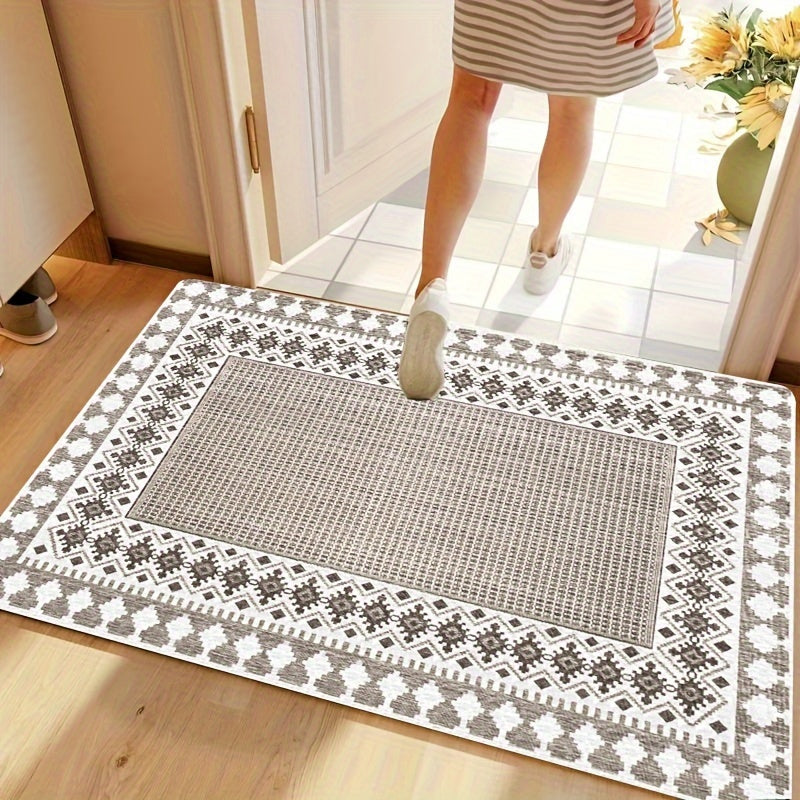 Alfombra étnica estilo boho, 1 unidad - Textura tejida desgastada, suave y lavable a máquina, para sala, dormitorio o entrada, antideslizante, rectangular, de poliéster, alfombra de área | Estilo bohemio | Lavable a máquina