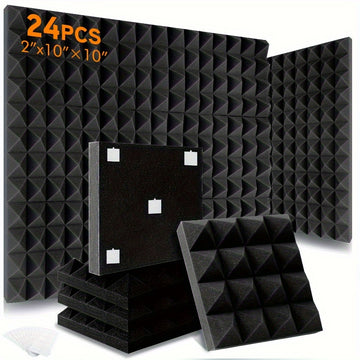 12/24pcs Paneles de Espuma Acústica Piramidal OLOBLB - 25.4x25.4x5.08 cm, Espuma Absorbente de Sonido para Estudio en Gris/Blanco/Negro con Cinta de Montaje Incluida - Ideal para Oficina en Casa, Estudios de Grabación y Decoración de Techos