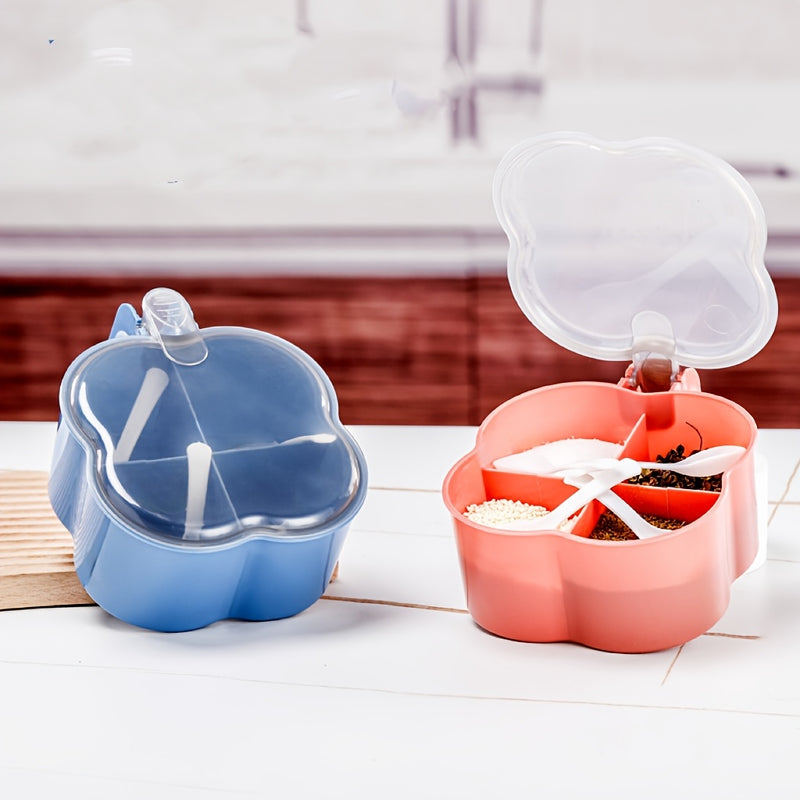 [1pc Organizador de especias de 4 compartimentos] Un organizador de especias de cuatro compartimentos para uso doméstico, con tapa y cuchara para condimentos de cocina.