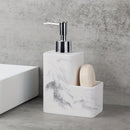 Dispensador de jabón de mármol blanco elegante con soporte de cepillo - Autónomo, no necesita electricidad, material de resina, ideal para encimeras de cocina y baño, incluye almacenamiento de almohadilla de limpieza, dispensador de jabón para baño