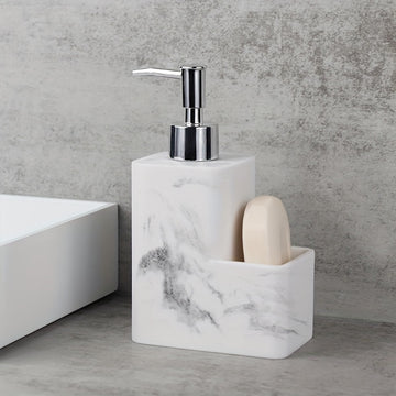 Dispensador de jabón de mármol blanco elegante con soporte de cepillo - Autónomo, no necesita electricidad, material de resina, ideal para encimeras de cocina y baño, incluye almacenamiento de almohadilla de limpieza, dispensador de jabón para baño
