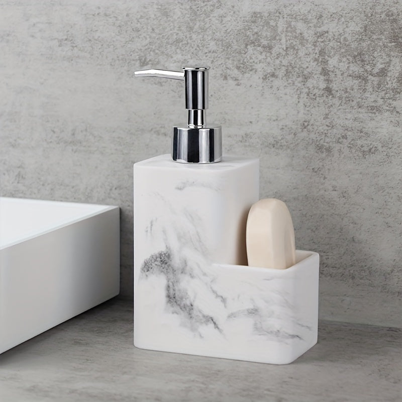 Dispensador de jabón de mármol blanco elegante con soporte de cepillo - Autónomo, no necesita electricidad, material de resina, ideal para encimeras de cocina y baño, incluye almacenamiento de almohadilla de limpieza, dispensador de jabón para baño