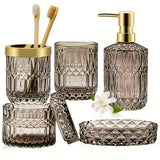 Juego de 5 piezas de vidrio de lujo para baño con recipiente para jabón, soporte para cepillo de dientes y dispensador de jabón para manos