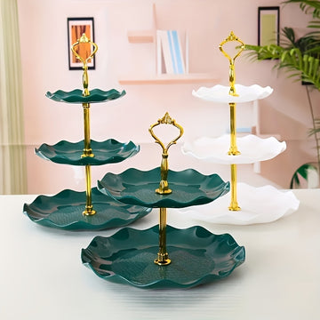 1pc Elegante Soporte para Pastel de 3 Niveles en Verde y Blanco, con Detalles Dorados - Diseño Floral, Material PP Duradero - Ideal para Fiestas de Té, Bodas, Reuniones - Perfecto para Exhibición de Postres y Uso en la Cocina, Suministros para Decoración
