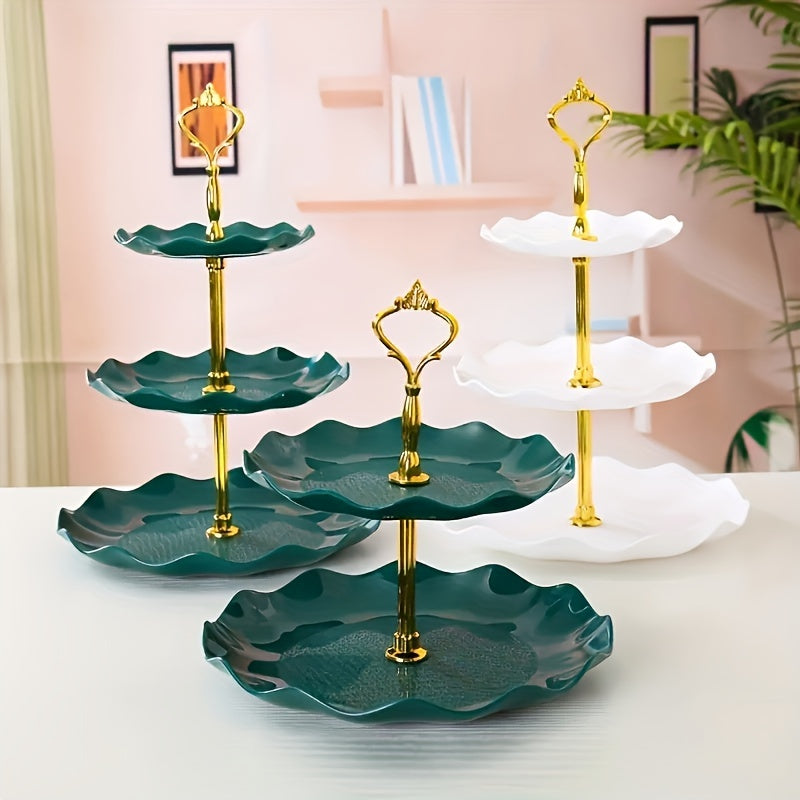 1pc Elegante Soporte para Pastel de 3 Niveles en Verde y Blanco, con Detalles Dorados - Diseño Floral, Material PP Duradero - Ideal para Fiestas de Té, Bodas, Reuniones - Perfecto para Exhibición de Postres y Uso en la Cocina, Suministros para Decoración