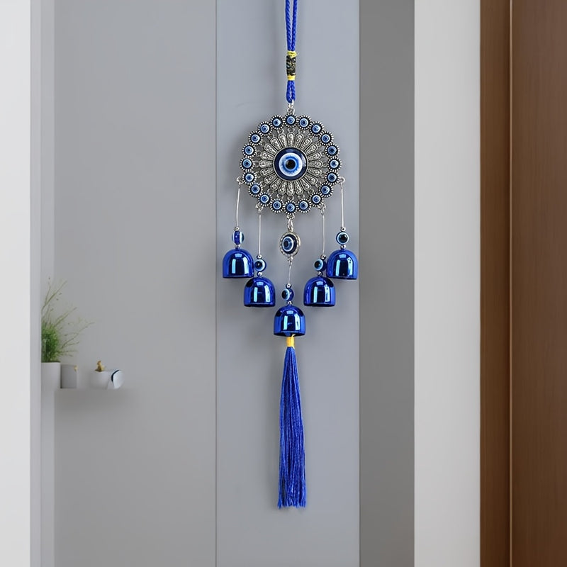 1pc Placa de Flor con Borla y Campana de Ojo Azul para Decoración de Pared de Ventana de Entrada, Campanilla de Viento para Pasillo Exterior, Balcón y Patio