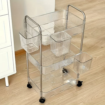 Carrito de almacenamiento acrílico transparente de 3 niveles con ruedas giratorias de 360°, diseño duradero y ahorrador de espacio para organización en el hogar y el baño, incluye 3 contenedores transparentes, solución de almacenamiento para baño, carrit