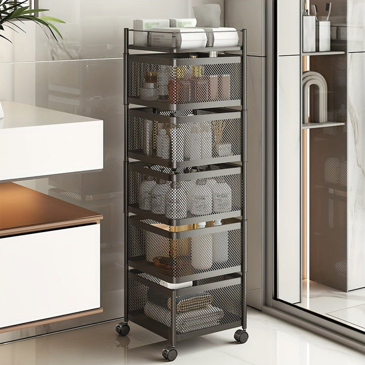 Carrito de almacenamiento metálico giratorio de 5 niveles con canasta rotatoria - Organizador ahorrador de espacio para cocina, baño, oficina - Diseño resistente en malla de alambre negro multiusos - Ideal para organización del hogar, organizador de baño