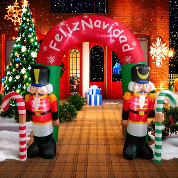 Arco inflable de soldado cascanueces navideño de 243.84 cm con luces LED - Poliéster 190T resistente, diseño vibrante en rojo y blanco para fiestas en el jardín, decoración navideña exterior, adornos inflables para exteriores, acento festivo en el jardín