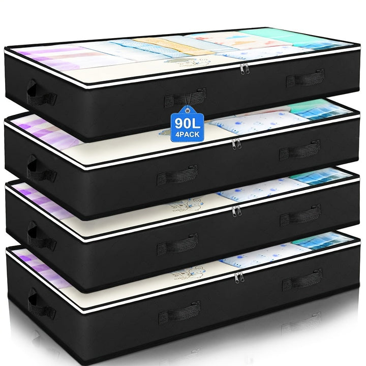 Contenedores de Almacenamiento Bajo Cama 90L, Organizadores de Juguetes y Bolsas para Papel de Regalo, Solución de Armario con Ventana Transparente y Asas Reforzadas para Mantas, Edredones, Ropa y Artículos de Cama, Almacenaje Sótano