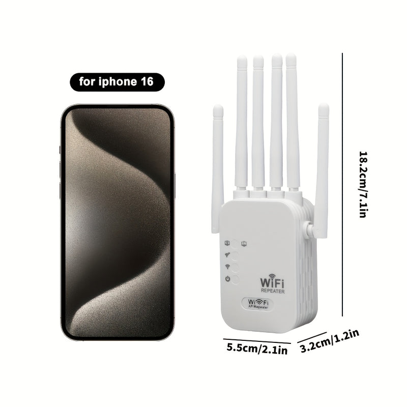 [2D Plano] Amplificador de señal WiFi, Repetidor WiFi, Compatible con WIFI6, Equipado con un puerto Ethernet, Con 6 antenas para cobertura de 360°, Alcanzando hasta 11,000 pies cuadrados, Adecuado para más de 35 dispositivos, Y puede configurarse con sol