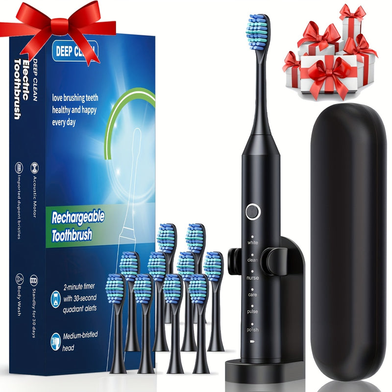 Cepillo eléctrico automático recargable para adultos, 6 modos de limpieza, batería de polímero de litio, carga USB, ≤36V, con cerdas suaves para limpieza profunda de dientes y hilo dental.