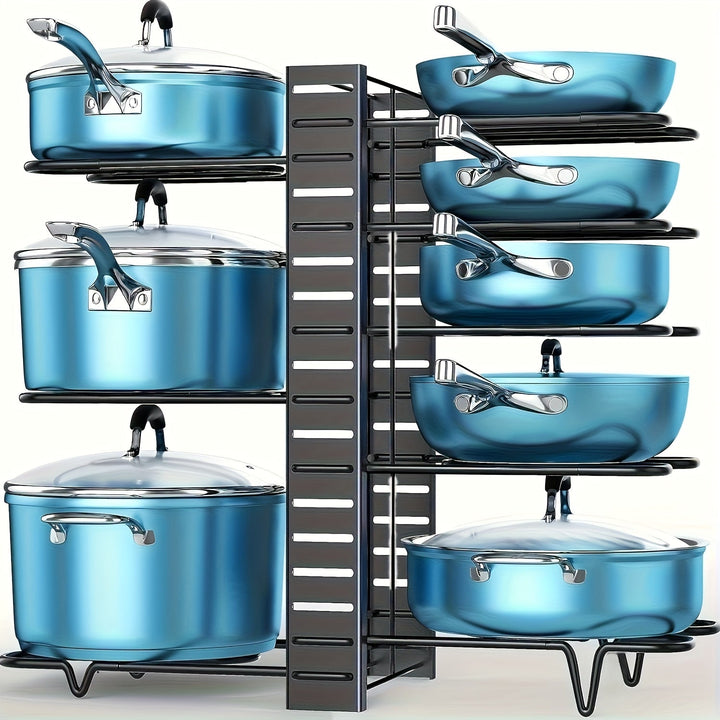 Organizador de Ollas y Sartenes de 8 Niveles - Resistente al Óxido, Antideslizante para Cocina - Diseño Ahorrador de Espacio con Soporte en el Piso para Hogar y Restaurante | Estante Metálico Duradero | Organizador Moderno para Utensilios