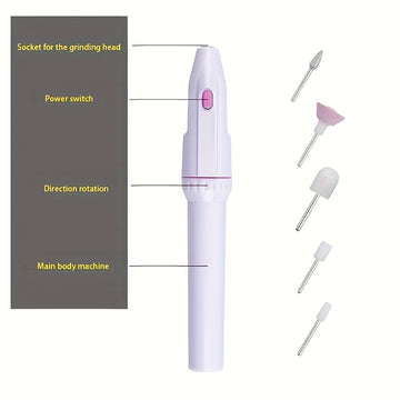 Juego Profesional de Taladro para Uñas 5 en 1 con 5 Cabezales de Molienda, Kit de Manicura para Uñas Suaves y Brillantes