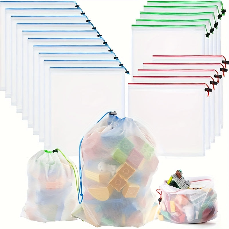 Fundas de Almacenamiento con Malla para Organizar, 3 Tamaños Reutilizables con Cordón y Costuras Laterales, Lavable a Máquina