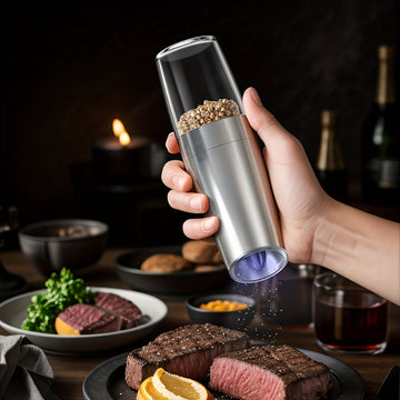 Molino de pimienta y sal eléctrico automático CLITON - Molino de acero inoxidable con luz LED, ajuste de finura, mayor capacidad actualizada, operación de una mano, alimentado por batería, regalo perfecto para el hogar y la cocina, molinillo de cocina, m