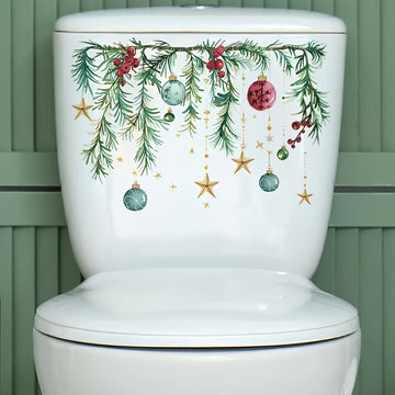 Pegatina de tapa de inodoro festiva de Navidad con guirnalda de pino, bayas y bolitas, decoración de plástico autoadhesiva para superficies cerámicas con características ornamentales - Aplicación de baño de adhesivo de un solo uso
