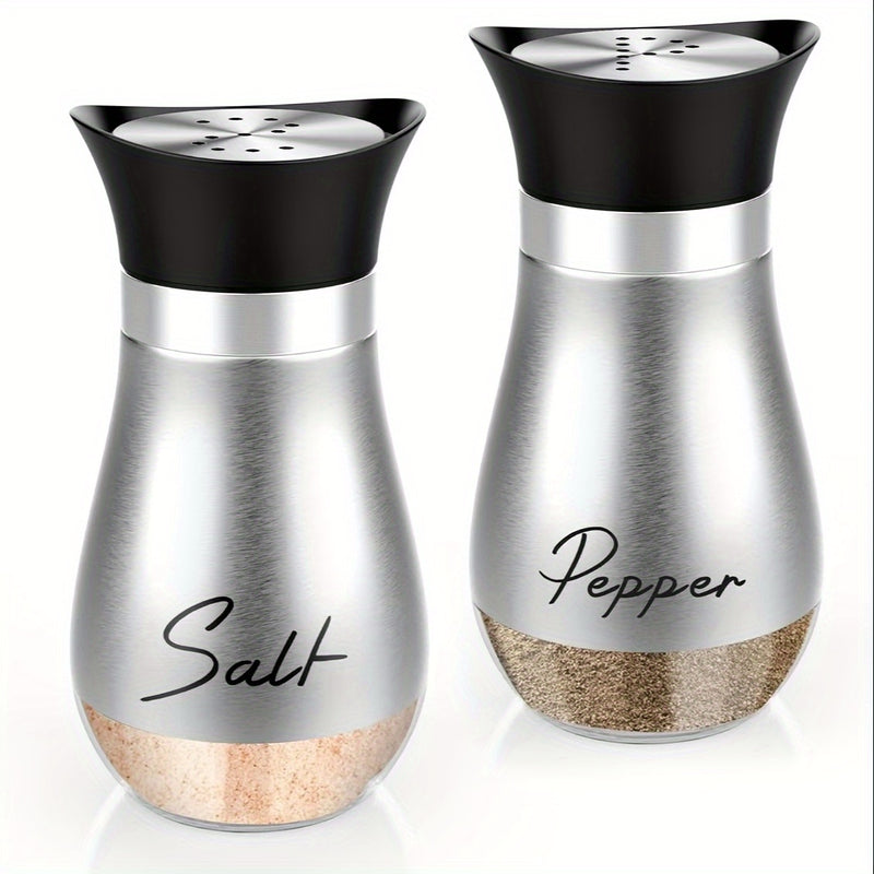 2 piezas por conjunto, un conjunto de sal y pimienta con tapas de acero inoxidable, adecuado para mesas de cocina, RV, camping, barbacoas, botellas de especias rellenables, suministros de cocina y decoración de cocina.