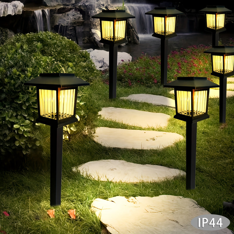 Conjunto de 4 Luces Solares para Caminos Exteriores, Diseño Cuadrado Retro con Brillo Amarillo Cálido, Lámparas Acrílicas Negras para Jardín, Patio, Paisaje y Iluminación Decorativa de Entrada, Luces Solares para Exterior