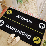 Alfombra de entrada con diseño de avión, 1 unidad, tema llegadas y salidas, felpa de cristal suave, lavable a máquina, negro con diseño de horario de vuelos en amarillo/blanco, rectangular, para entrada, sala, decoración para todo el año, decoración de a