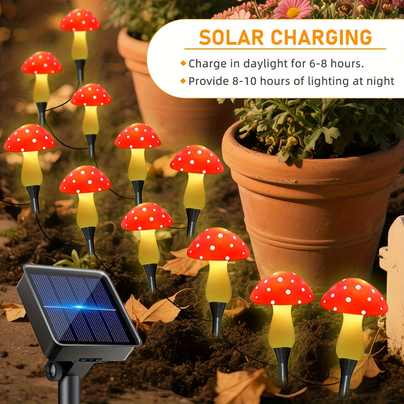 10 Luces Solares de Champiñón, Luces para Jardín Exterior. Se apagan automáticamente durante el día y se encienden por la noche. Luces solares con clasificación IPX4 y 8 modos. Ideales para verano, camping, Navidad, caminos, decoración de fiestas e ilumi