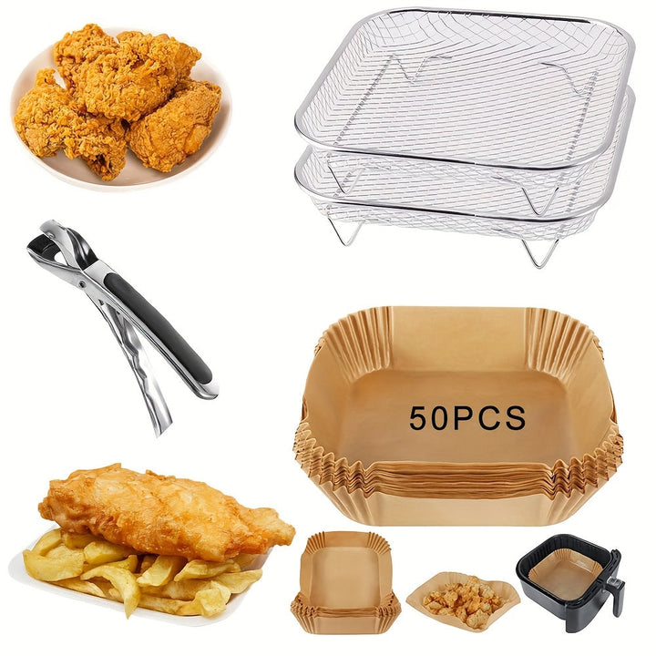 2 estantes cuadrados de acero inoxidable, 1 pinza resistente al calor y 50 hojas de papel pergamino para freidora con aire. Accesorio ideal para cocinar saludable en freidoras aéreas, compatible con varios modelos, perfecto para hornear y deshidratar, fá