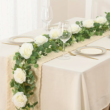 1 pza. guirnalda artificial de eucalipto estilo glam con luces LED y rosas, decoración falsa con detalles champán para mesa, chimenea, pared, arco, fiesta de bodas, funciona con baterías (2 AA no incluidas)