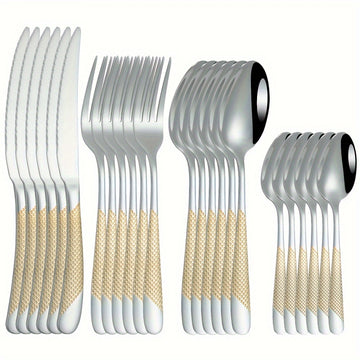 Juego de cubiertos de acero inoxidable con diseño de estrella, 24 piezas, incluye cuchillo para carne, tenedor, cuchara y cuchara de postre, ideal para hogar, cocina, hotel, restaurante, fiestas, bodas y eventos, apto para lavavajillas, disponible en var