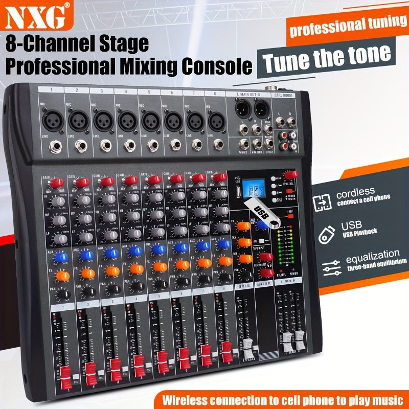 Consola de mezclas profesional NXG con USB, XLR, alimentación fantasma de 48V, entradas/salidas RCA - Material de aleación, funciona con fuente de alimentación 220-240V con enchufe europeo, opciones de 6/8/12 canales, efecto de reverberación DSP, no requ