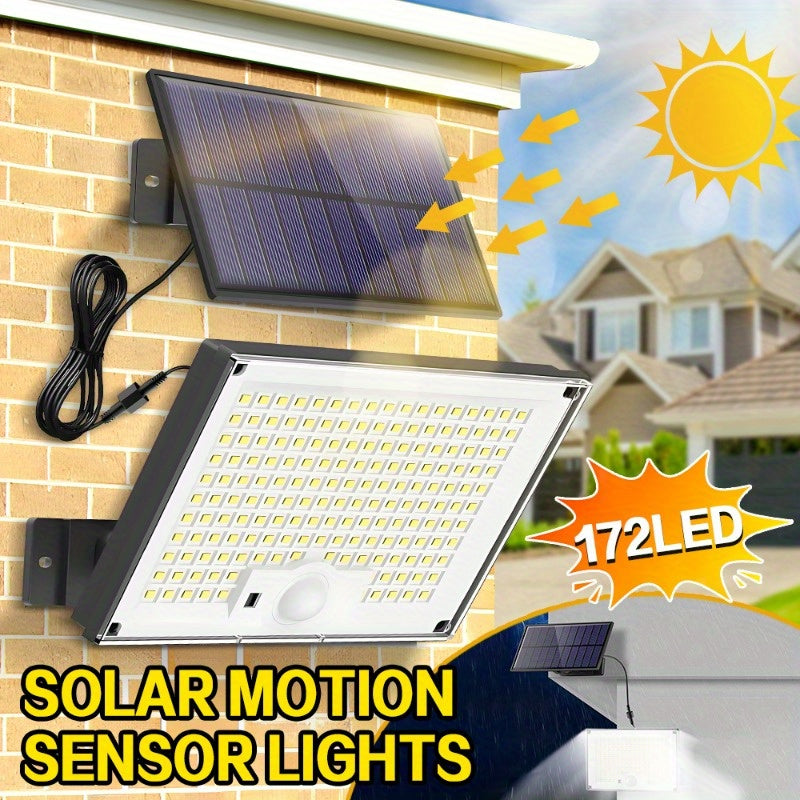 172 luces solares LED brillantes con sensor de movimiento para exteriores, control remoto, panel independiente, cable de 5,0 metros, iluminación de amanecer a anochecer, farola solar para porche exterior, patio, jardín, cobertizo, pared, regalo de Navida