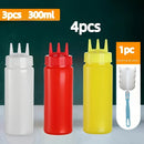 Juego de 4 botellas exprimidoras de condimentos con cepillo de limpieza - Plástico libre de BPA, redondas, fáciles de lavar a mano - Elementos esenciales de cocina para ensaladas, barbacoas, horneado, asados, picnic - 3 botellas dispensadoras con boquill