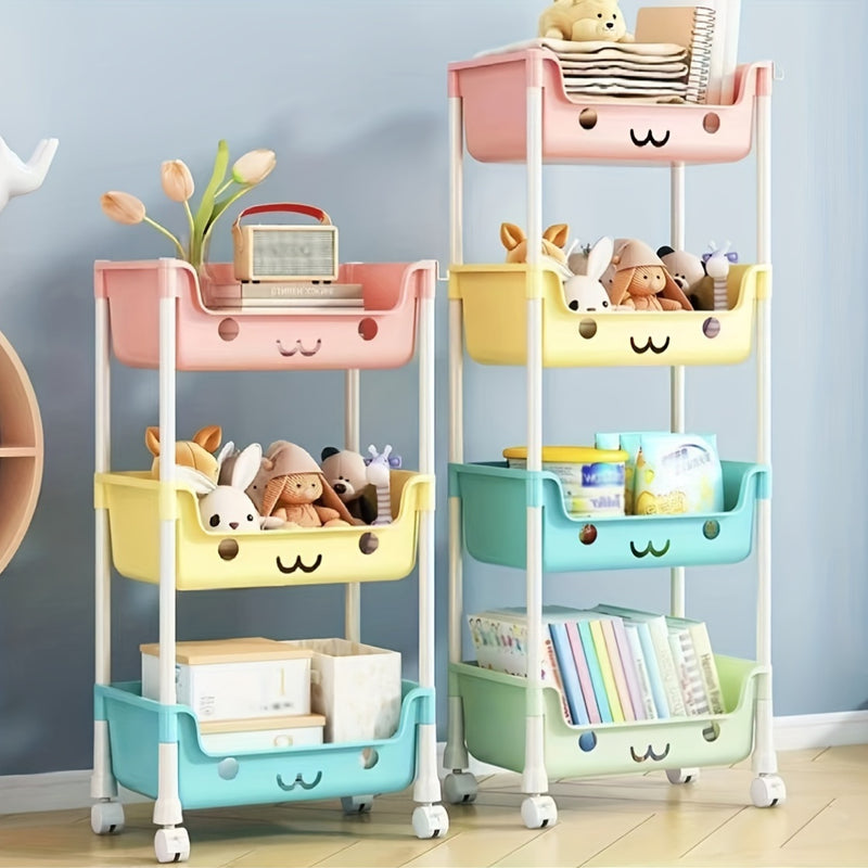 Carrito de Almacenamiento Metálico con Ruedas y Diseño de Caritas Lindas en 3 Niveles - Organizador Multifunción Estilo Macarrón Rosa y Amarillo para Habitación Infantil, Librero y Portavasos