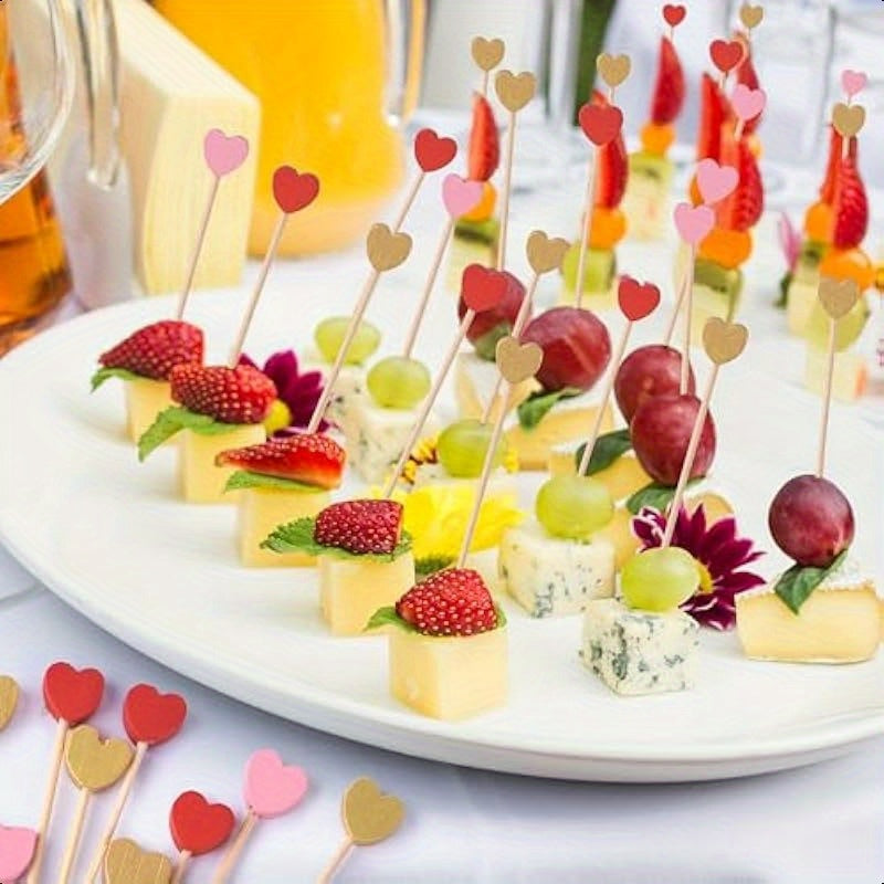 100 piezas de Pinchos de Bambú 12 cm/4.72 pulgadas - Pinchos Desechables con Forma de Corazón para Alimentos para San Valentín, Bodas, Aniversarios, Fiestas - Suministros de Cocina y Restaurante de Alta Calidad, Utensilios de Bambú