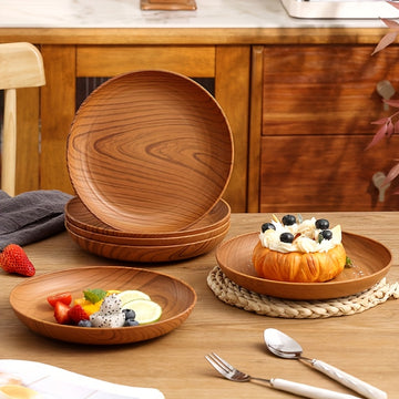 Juego de 5 o 10 platos de plástico grueso con diseño de veta de madera, platos para ensalada, pan, sándwiches, desayuno, plato principal, pasta, arroz, bandeja para servir, ideal para fiestas, camping y uso en casa o restaurante