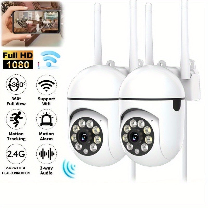 2 cámaras de seguridad de 1080P con visión nocturna Full HD, luces de escena y sirena, audio bidireccional para vigilancia doméstica interior/exterior, pan/tilt/zoom, WiFi habilitado, seguimiento de movimiento - Compatible con Alexa, control inalámbrico,
