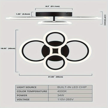 Luminaria de techo LED moderna - Sombra de acrílico de 4 anillos, montaje semibrillo, iluminación superior desmontable de 4000K no regulable para cocina, sala de estar, dormitorio, lavandería - Iluminación de área interior, cableado, incluye hardware de