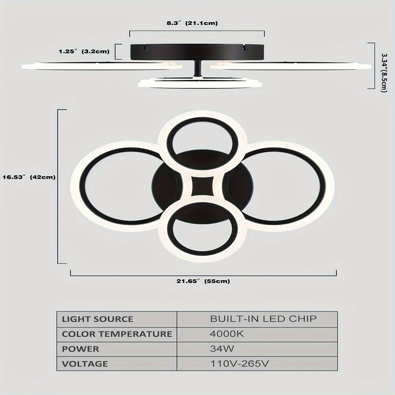 Luminaria de techo LED moderna - Sombra de acrílico de 4 anillos, montaje semibrillo, iluminación superior desmontable de 4000K no regulable para cocina, sala de estar, dormitorio, lavandería - Iluminación de área interior, cableado, incluye hardware de