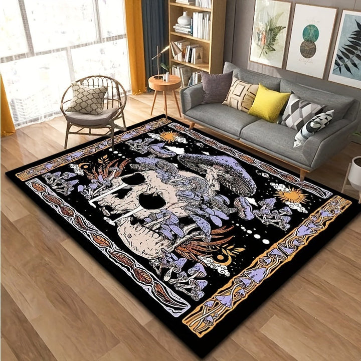 Alfombra Antideslizante con Patrón de Calavera y Setas - Lavable a Máquina, Perfecta para Sala de Estar, Dormitorio, Baño y Decoración de Entrada