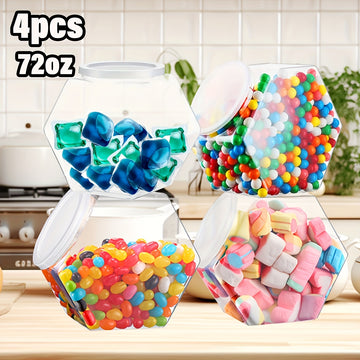 4 piezas de 72 onzas de frascos de dulces de plástico hexagonales con tapas - Seguros para alimentos, diseño transparente para dulces coloridos, perfectos para almacenar dulces y snacks.